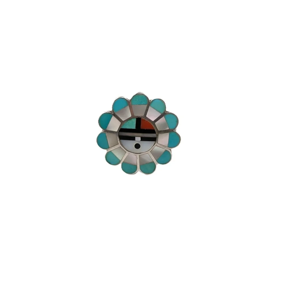 Zuni Sun face Inlay Ring Sterling Silver Tribal Ring Size 7US jewelry**